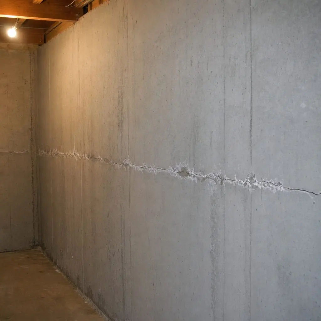Horizontal stress crack across a poured concrete basement foundation wall with efflorescence at the crack edge