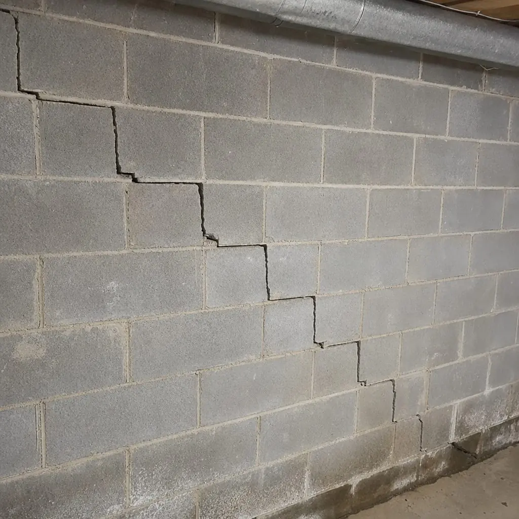 Stair-step diagonal crack pattern running through the mortar joints of a concrete block basement wall
