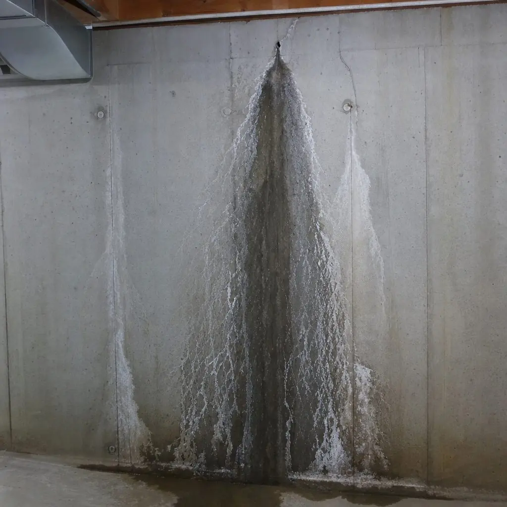 Heavy white efflorescence salt deposits running down a concrete basement foundation wall, indicating water passing through the concrete