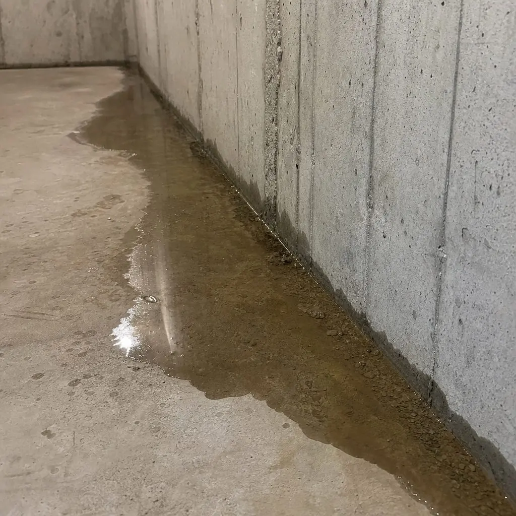 Water pooling and seeping along the seam where a concrete basement floor meets the foundation wall