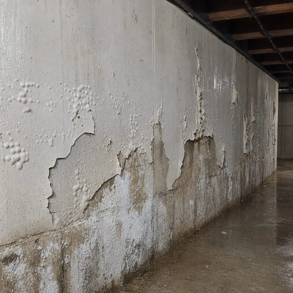 Waterproof basement paint bubbling and peeling away from a concrete foundation wall, with salt deposits underneath