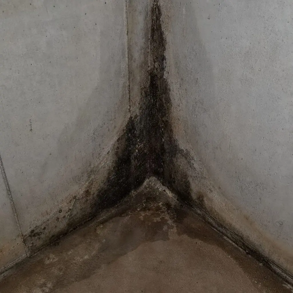 Dark mold and mildew growth in the corner of a concrete basement foundation wall and floor
