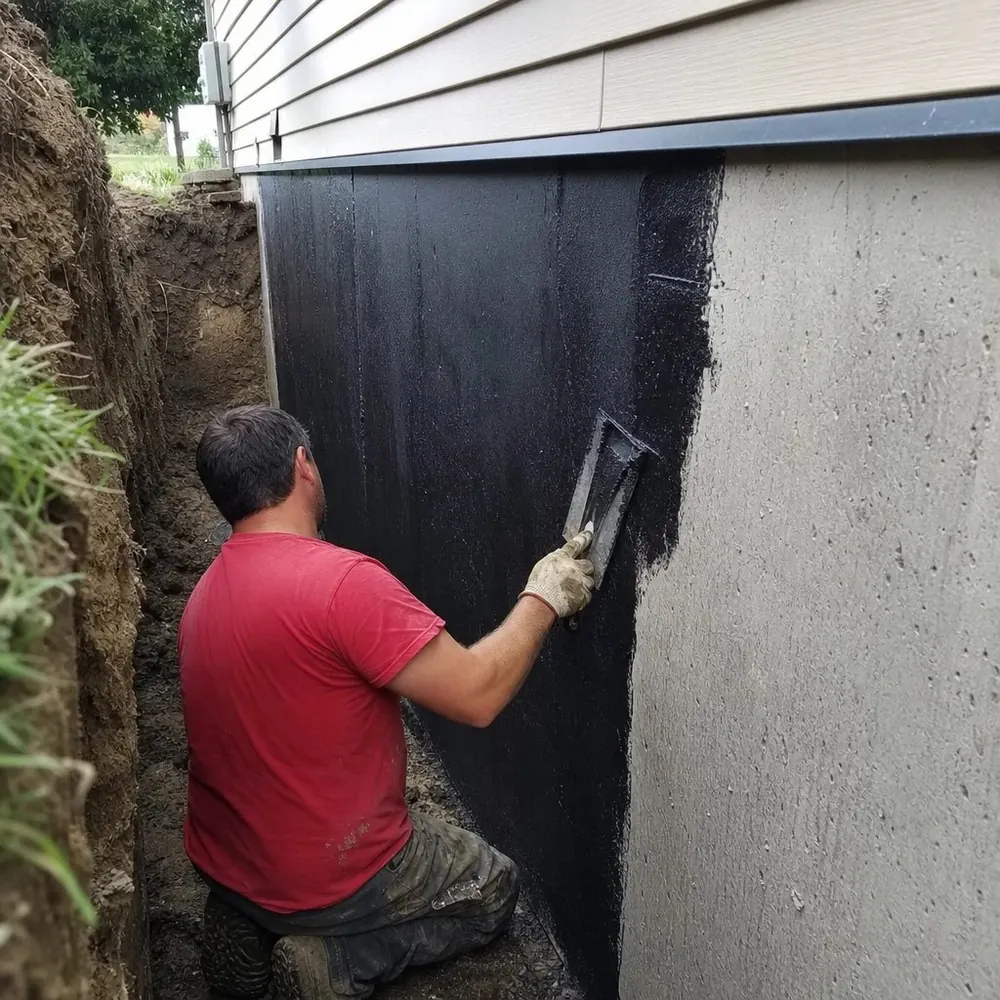 A worker trowelling thick black Aqua-Bloc elastomeric waterproofing membrane onto a poured concrete basement foundation wall